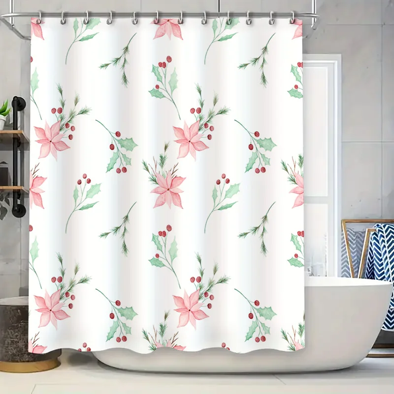 

Винтажная занавеска для душа с цветочным принтом, розовые цветы, листья падуба, акварельный принт, белый декор для ванной комнаты, подвесная подкладка для украшения дома