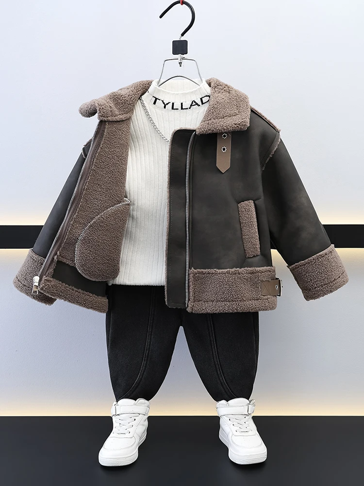 

Cool Trendy Boys' Leather Jaet Thiened Fce Winter Clothes Baby Cotton Padded Coat Children's Thi Outerwear