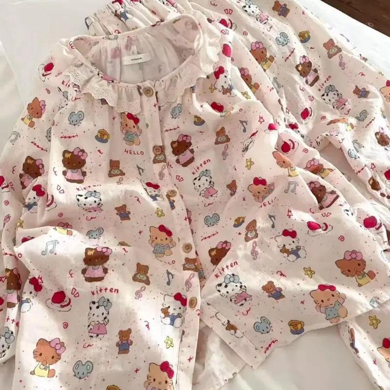 Pajamas New Hello Kitty Spring Summer Long-Sleeved Trousers Set Cartoon Comfortable Home Clothes Cute Lace Girl Two-Piece Set
