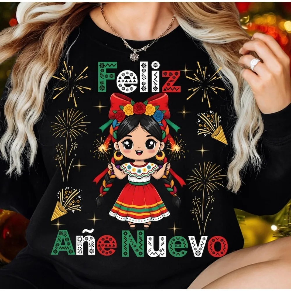 

Толстовка с капюшоном Feliz Año Nuevo, мексиканская новогодняя толстовка Clipart, милая толстовка с капюшоном Fiesta, иллюстрация, лайновое новогоднее искусство, топы, одежда