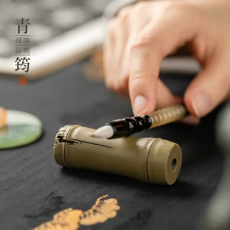 Qingyun Inkstone Pen Holder with Paperweight Green Stone Multifunctional Desk Organizer Chinese Style Office Decor Gift Box