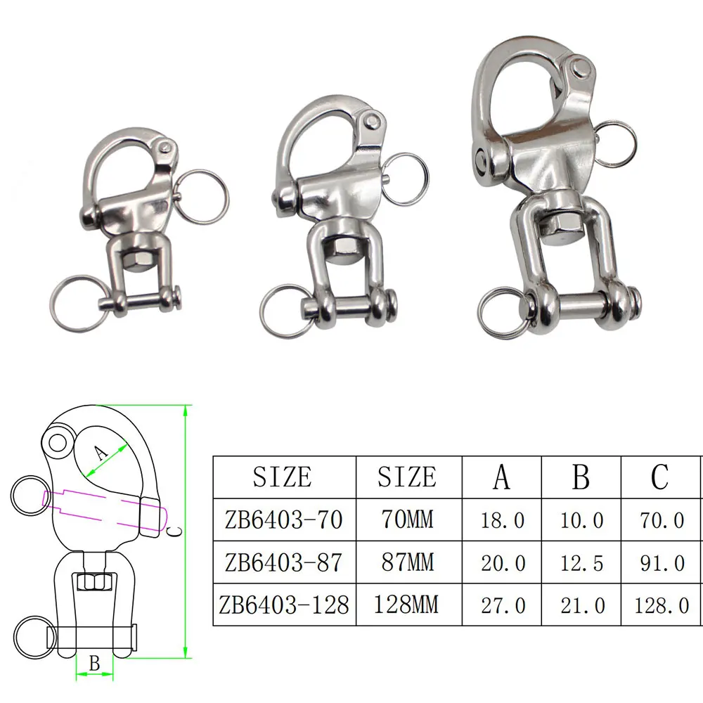 Swivel Shackle 70mm-128mm Stainless Steel Quick Release Pair Jaw Snap Shackle Swivel Design Diving Clips for Sailboat Spinnaker
