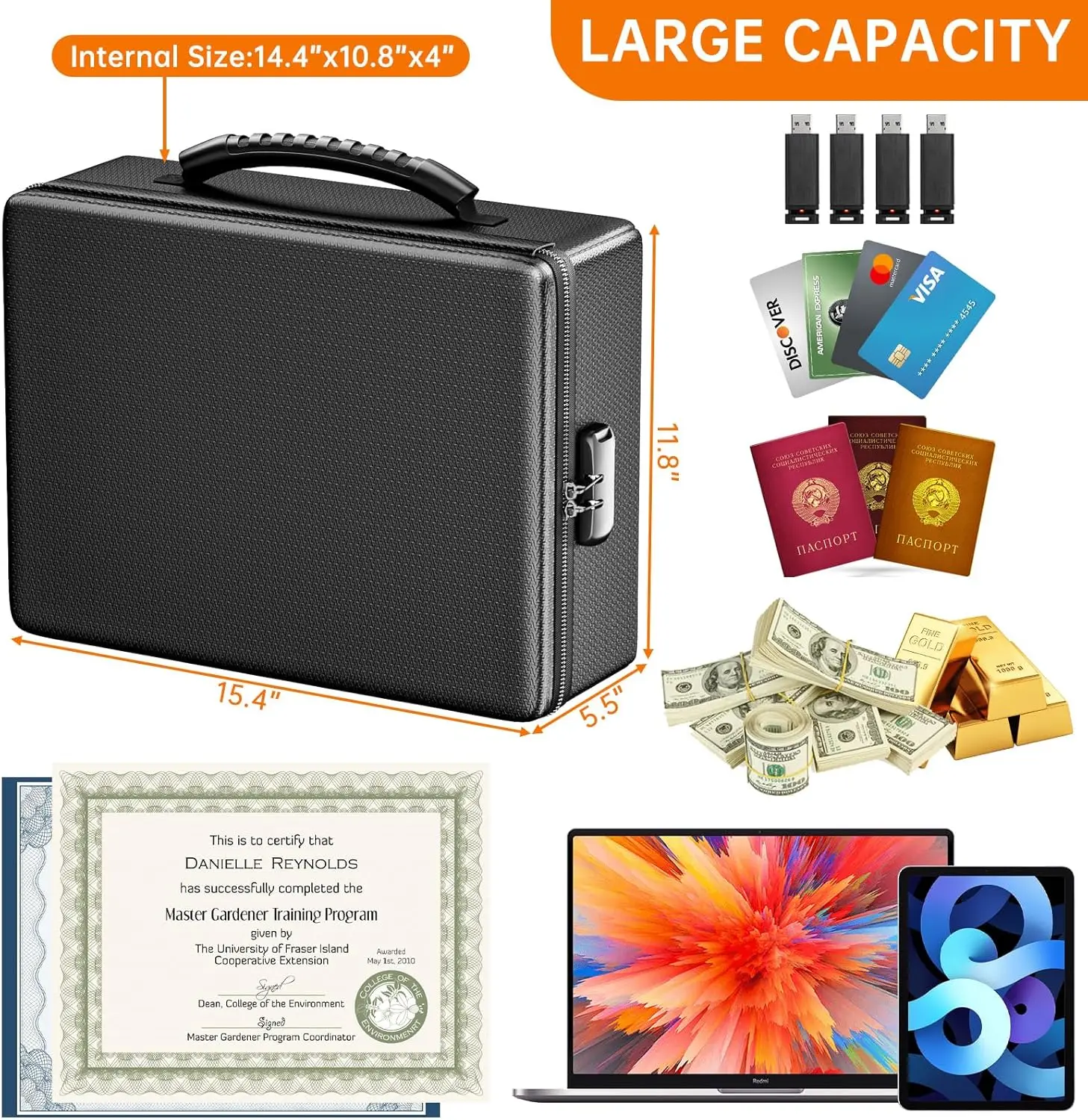 Fireproof Document Box with Lock, Heat & Water Resistant Portable Storage for Files, Laptop, Cash - Black