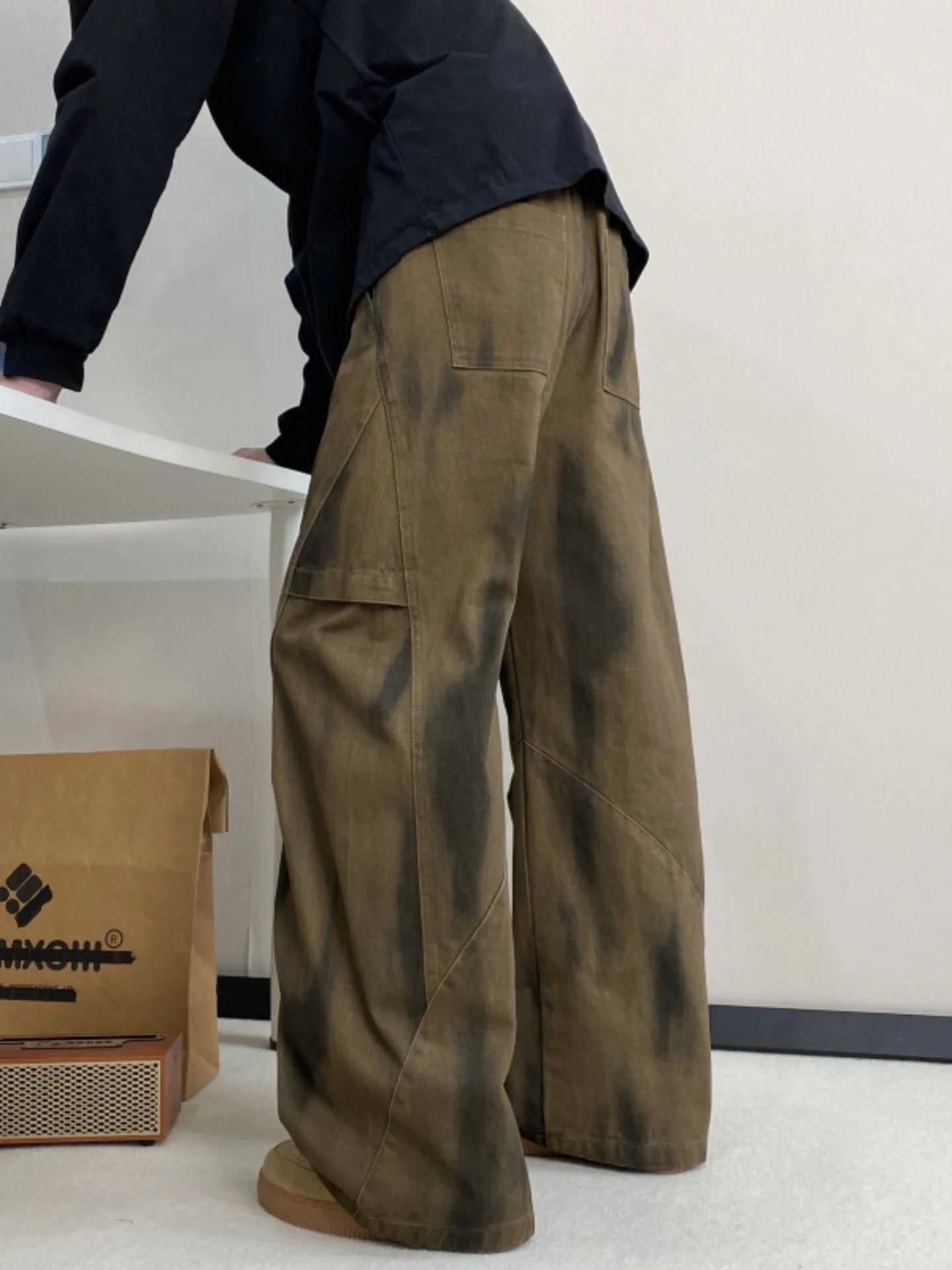 

Loose Men's Workwear Pants Dyed-In-The- Warp Straight Leg Casual High Street Cleanfit Trousers Spring Ci Walk Polyester Fiber