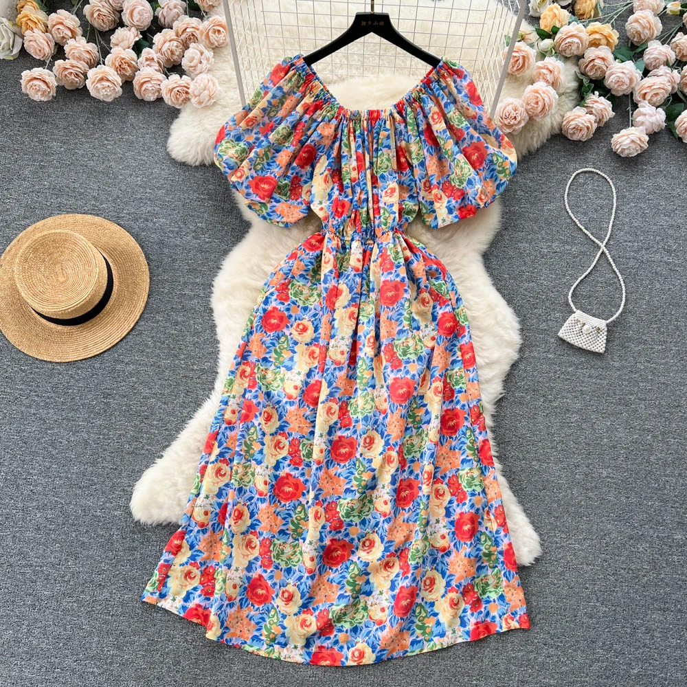 

French Oil Print Floral Dress for Women Summer Vacation Puff Sleeve High Waist Split Dresses 2023 Female Beach Casual Dress