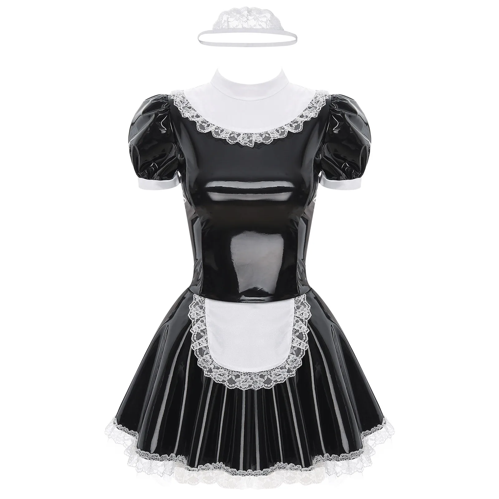 Women French Apron Maid Cosplay Dress with Lace Headband Ruffles Lace Apron Costumes Glossy Patent Leather Maid Servant Outfit