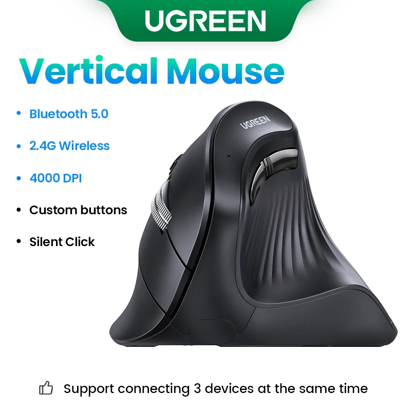 Ugreen Vertical Mouse Wireless Bluetooth5.0 2.4G Ergonomic 4000DPI 6 pulsanti Mute per laptop Tablet MacBook Topi PC PC