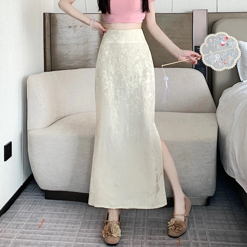 

Женские атласные юбки трапециевидной формы с высокой талией в китайском стиле, новинка 2025, повседневные длинные женские юбки с разрезом по бокам