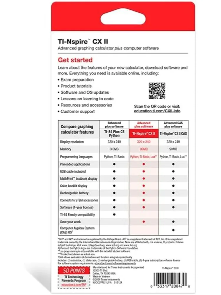 Instruments Calcolatrice grafica a colori TI-Nspire CX II con software per studenti (PC/Mac) Bianco 3,54 x 7,48