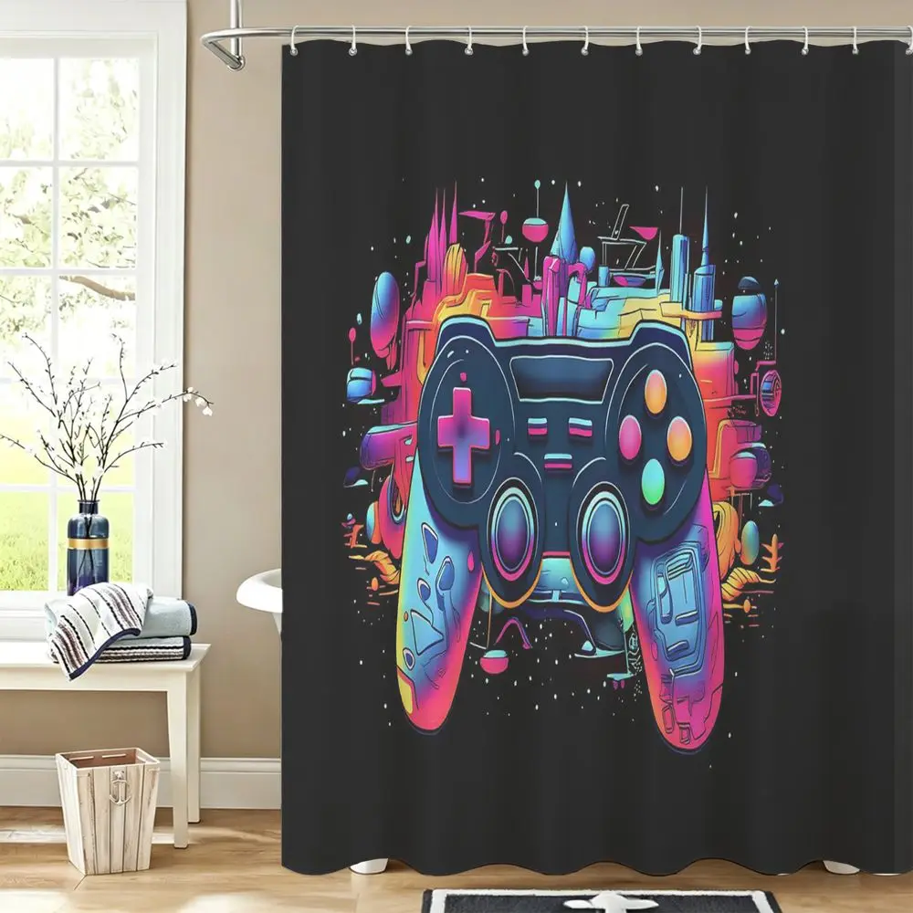 Neon Gaming Controller Shower Curtain Waterproof Fabric Digital Print Gamer Room Decor Modern Fun Bathroom Set Teen Boy Gift