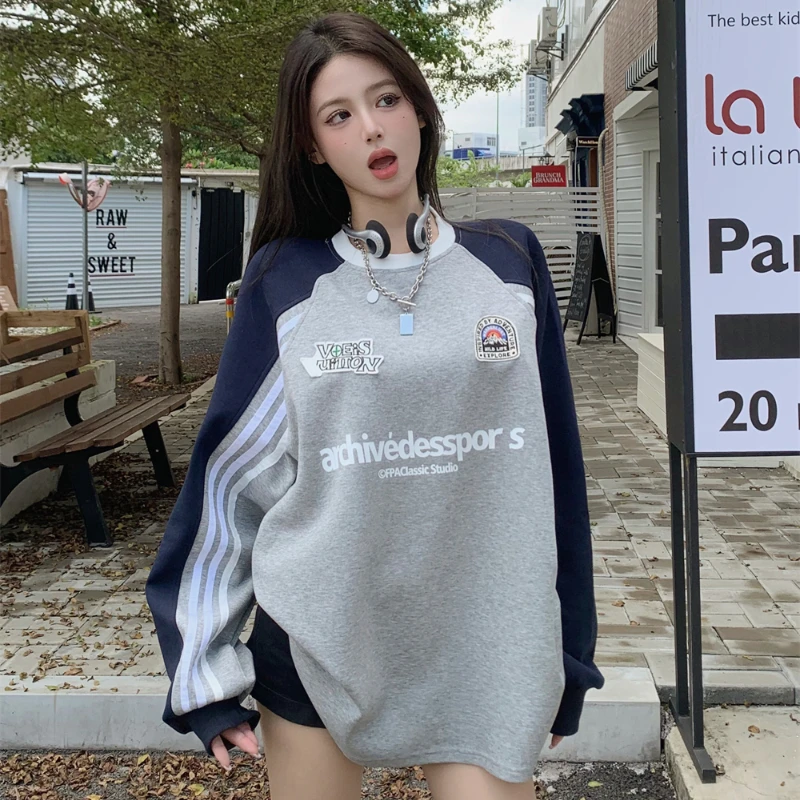 American Sweatshirts Women Color Collision Striped O-neck Letter Printed Loose Hoodie Autumn Fashion High Street Pullover Female