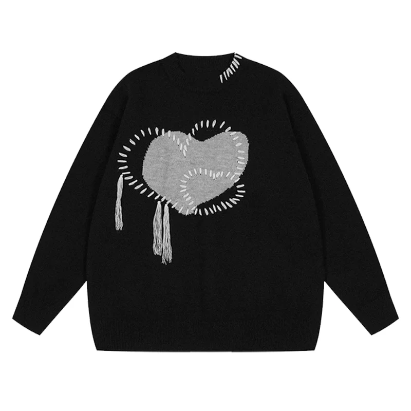 

2024 Y2K autumn and winter striped fashion new casual knitted round neck pullover sweater spliced Gothic love clothing sweater