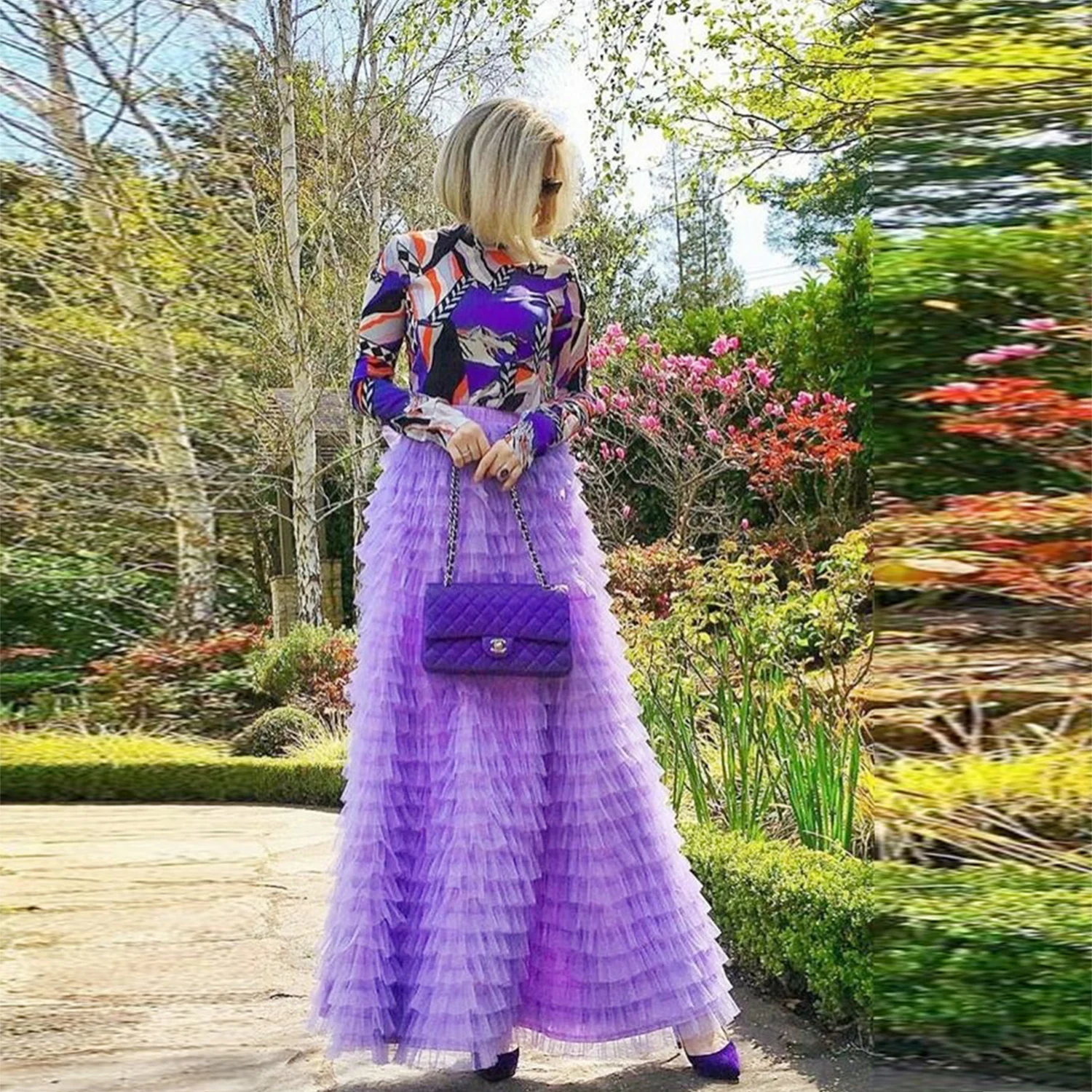 

Purple Tulle Cake Long Skirt Women Spring Summer Ruffle Pleated A-Line Chic Skirt Ladies Sweet Custom Color Size Tutu Skirts