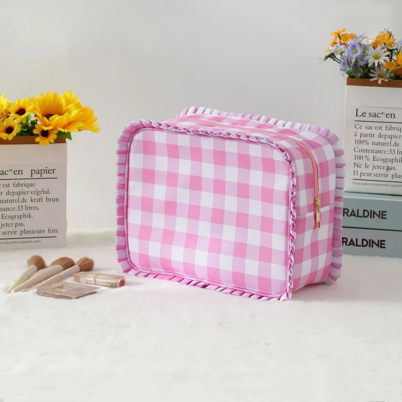 

Fashionable Lace Travel Makeup Bag Fresh Striped Chequered Design Portable Storage Organizer for Cosmetic Accessories