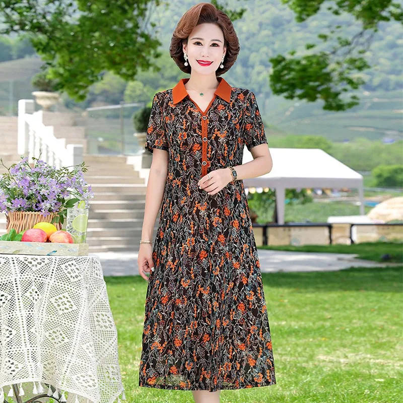 

Middle-aged Women NEW Summer Lapel Print Slim Short Sleeve A-Line Women Bodycon Dresses Mother Vestidos