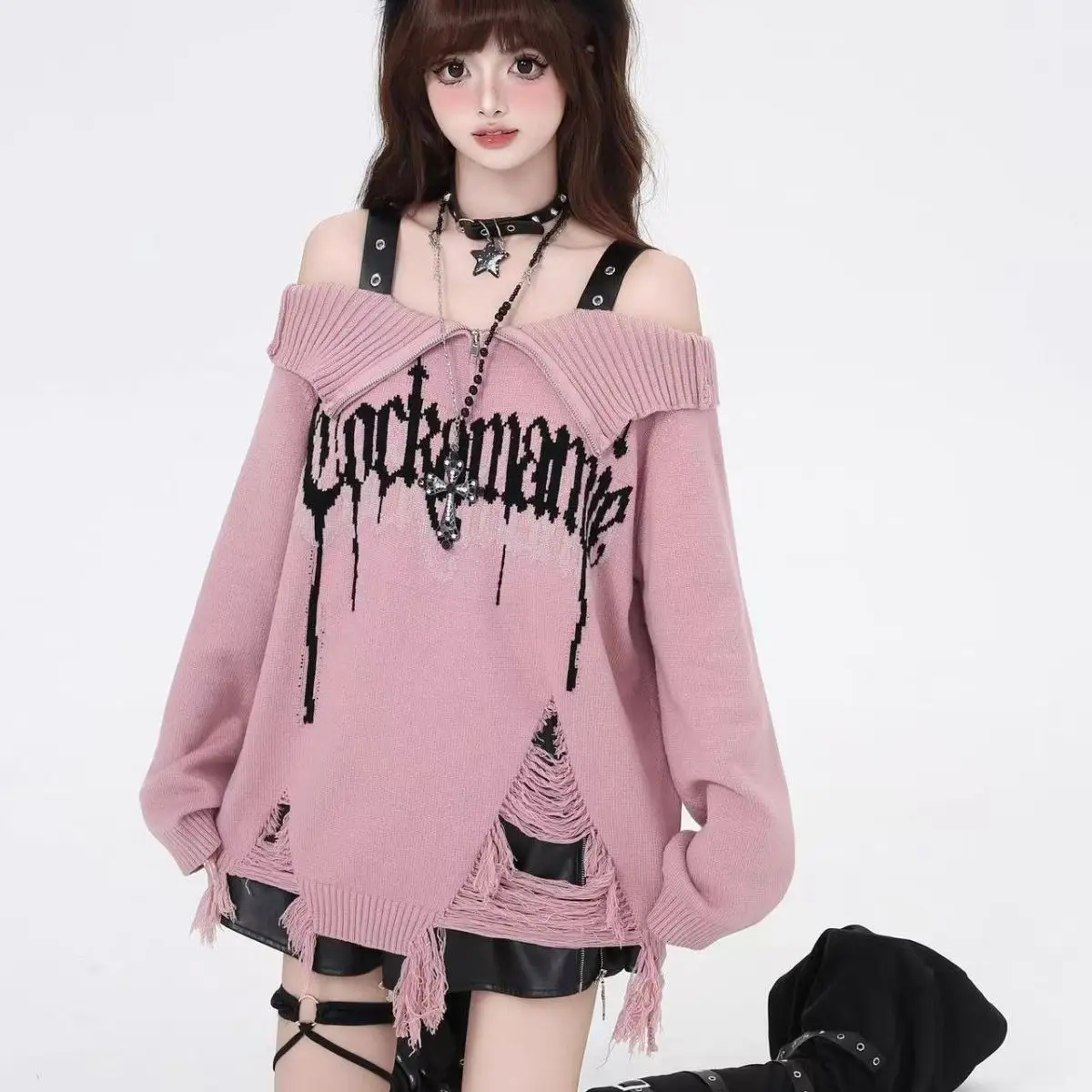 

Korean Punk Style Sweater 2025 Autumn Winter Off Shoulder Lapel Design Scene Aesthetic Distressed Knit Womens Fashion
