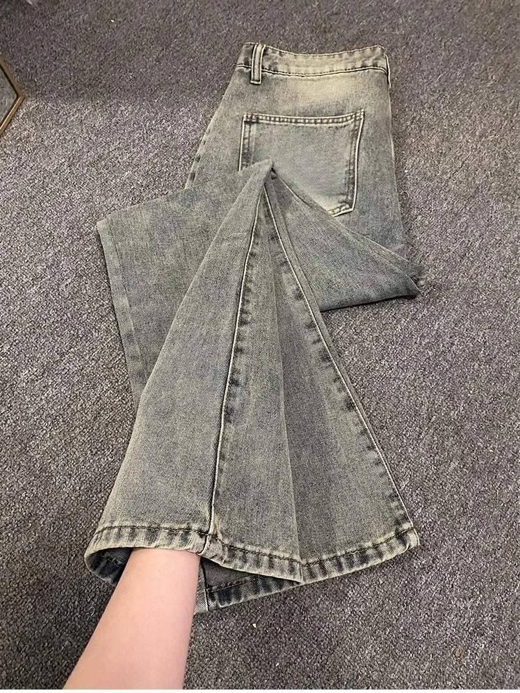 

Retro Blue Fleece Lined Washed Men's Jeans High Street Cleanfit Slimming Straight Leg Denim Pants Youthful Wear Resistant