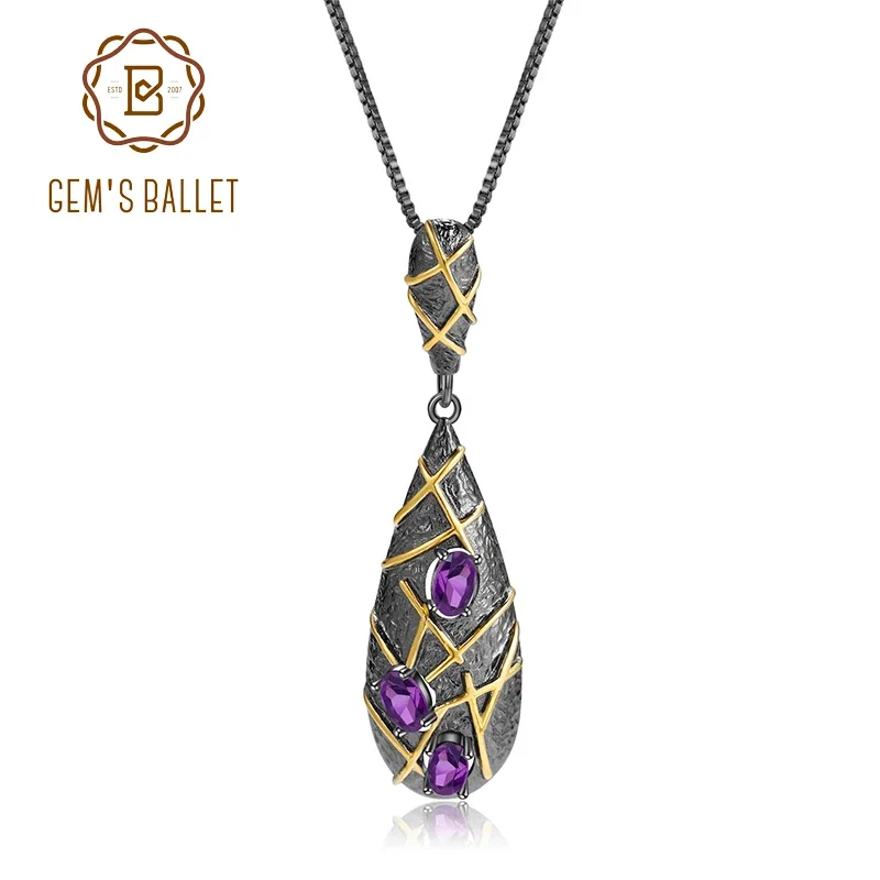 GEM'S BALLET 925 Sterling Silver Handmade Staggered Lines Pendant Necklace 1.46Ct Natural Amethyst Statement Pendant for Women