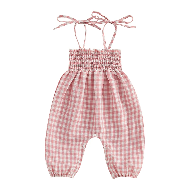 Baby Girl Summer Jumpsuit Sleeveless Tie Strap Smocked Plaid Print Romper harem Pants Toddler Playsuit