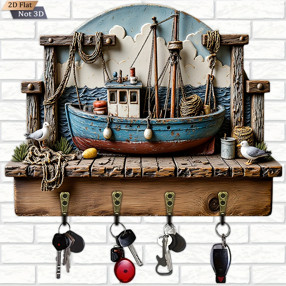 2D Flat, 1pc, Ocean Fishing Boat Shaped Key Hook, Wooden Multi-Functional Home Key Holder, with Four Metal Hooks, Wall