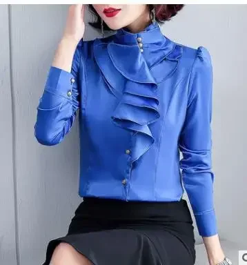 Puls Size Satin Blouse women Fashion Women Office Blouse Long Sleeve Shirt Women Work Wear Sheer shirt Women