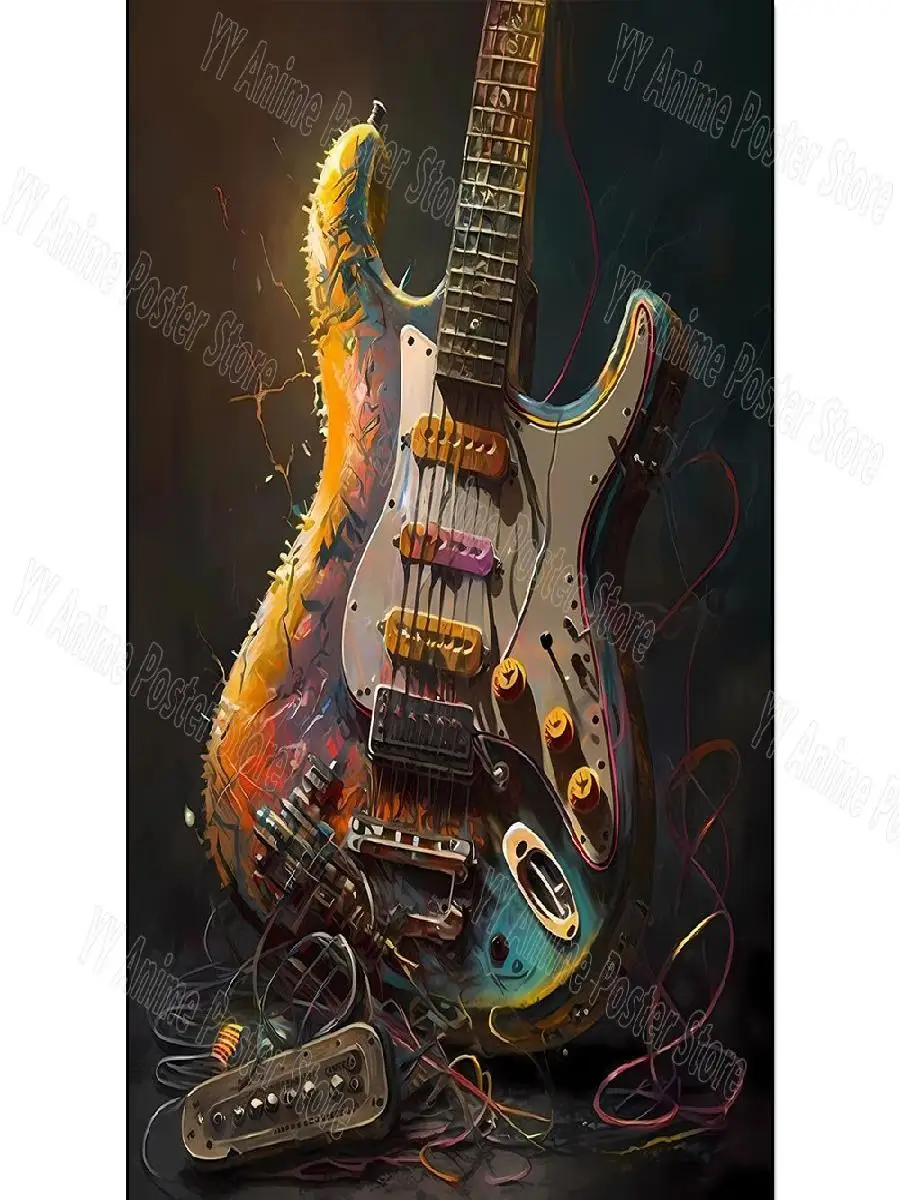 Abstract Neon Guitar Canvas Art  Vibrant Musical Instrument Wall Poster for Home  Bar Decor