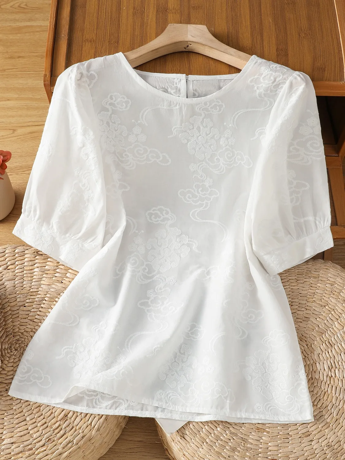 T-shirt ricamata in puro cotone Ele da donna estiva sottile ort Sve irt cinese Sle Cloud Pattern Top traspirante