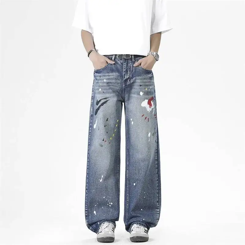 Men's Denim Pants Light Blue Washed Colorful Dot Splash Loose Straigh Tleg Splatter Paint Graffiti High Street Jeans