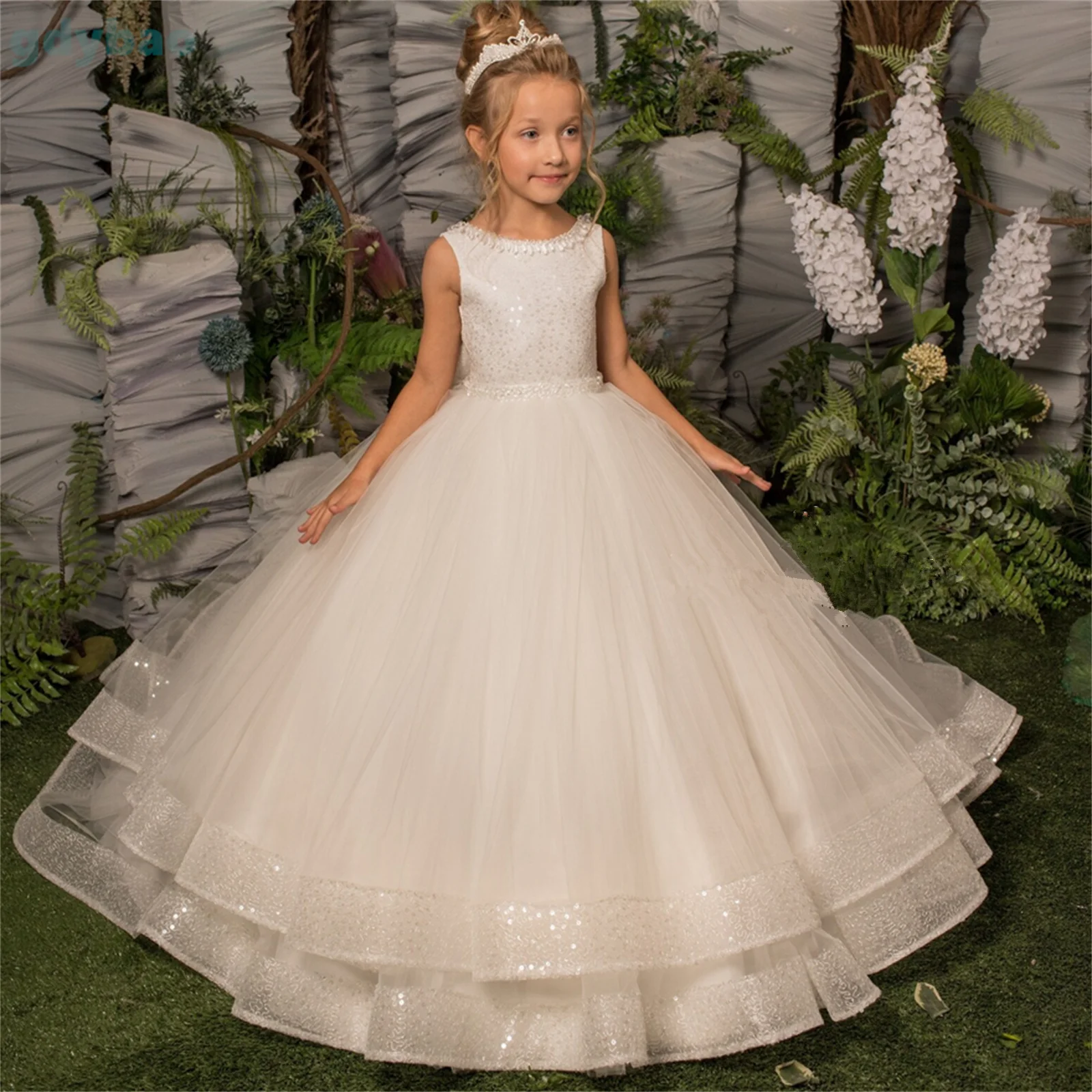 Neuankömmlinge Prinzessin Spitze Applikationen Ballkleider Blumen mädchen Kleid Festzug Kleider für Hochzeiten Erstkommunion Kleider für Mädchen