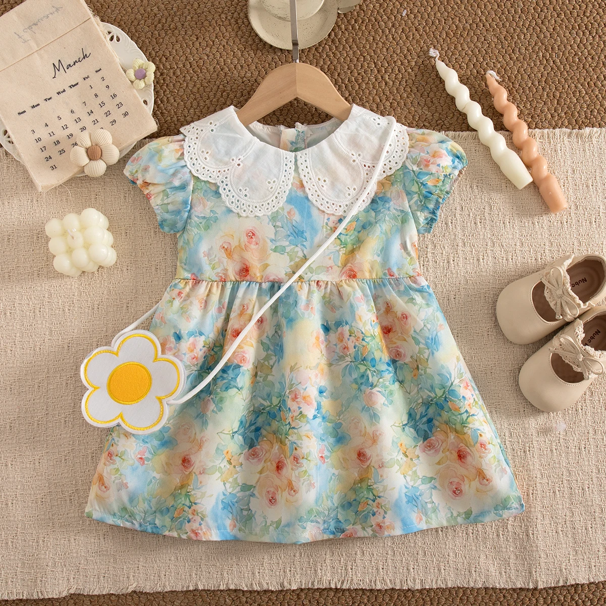 Blue Flower Baby Girl Dress Summer New Sweet And Cute Children'S Clothing+Flower Pendant (9 Months -3 Years Old)