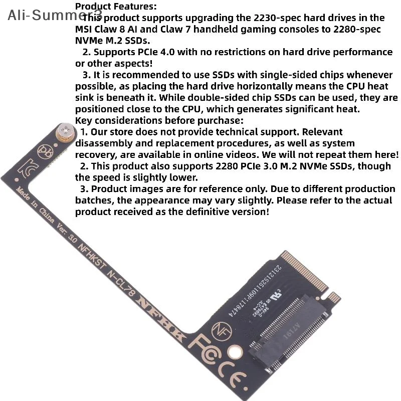 1Pcs Conversion 2230 To 2280 4T M2 NVME SSD Expansion Board M.2 Adapter Riser Card For MSI Claw 8 AI Claw7 Claw8 SSD Adapter