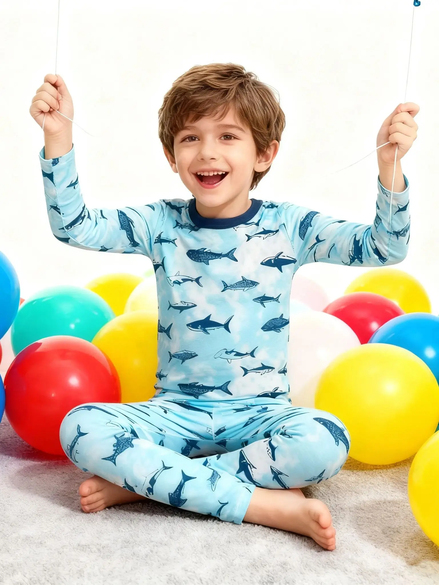 Kinder-Schlafanzug-Set aus 100% Baumwolle mit Vollprint-Cartoon-Hai, Langarm-Pyjama für Kinder von 1-8 Jahren, 2-teilig – Detail 1