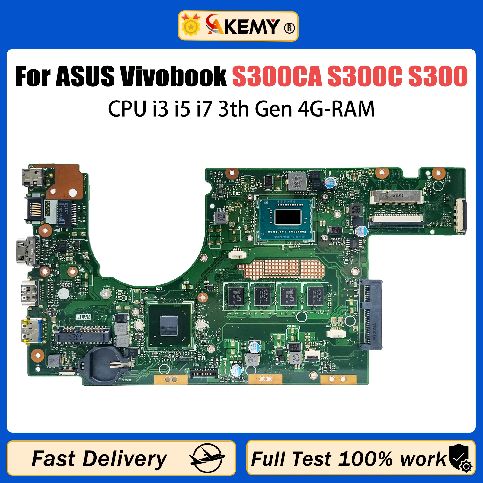 

AKEMY Notebook Mainboard For ASUS Vivobook S300CA S300C S300 Laptop Motherboard With CPU i3 i5 i7 3th Gen 4G-RAM 100% TEST OK