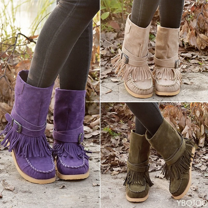

Large Size Autumn Winter Fashion New Item Flat Bottomed Tassel Sole Fashionable Women's Boots Belt Buckle Sleeve Women's Boots
