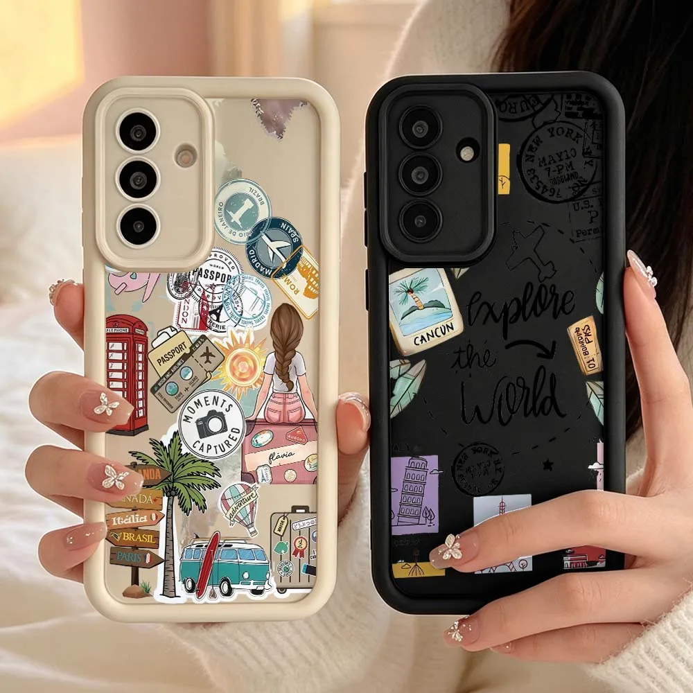 Cartoon Travel Girl Stickers Gift For Samsung Galaxy A04 M17 A57 A06 A07 A17 A26 A36 A14 A15 A16 Eye Ladder Phone Case
