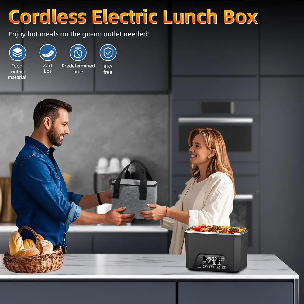 Portable 1.2L Cordless Lunch Box with Self Heating, Battery-Powered, BPA-Free, Ideal for Meal Prep, Work, and Travel (Black)