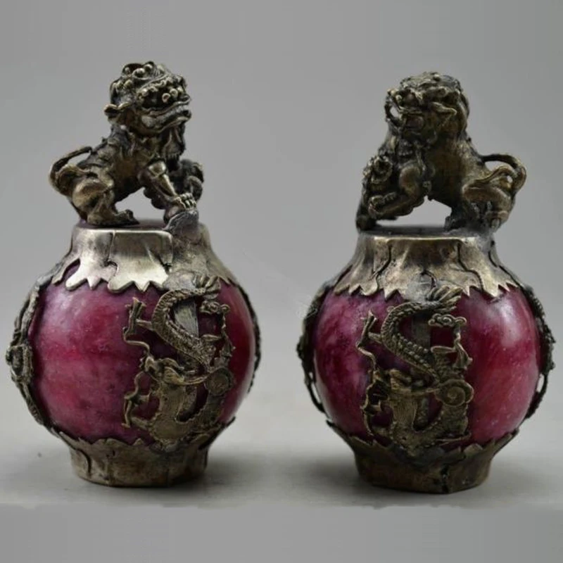 A Pair of Chinese feng shui fu dog kirin silver phoenix artificial red jade statues Home living room decoration gifts