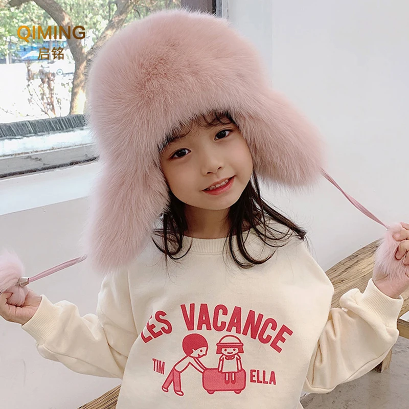 Fox Fur Hat Boy Girl Cap Winter Ear Protection Warm Children Leather Bomber Hats Fur Hat Winter Real Raccoon Fluffy Russian Hat