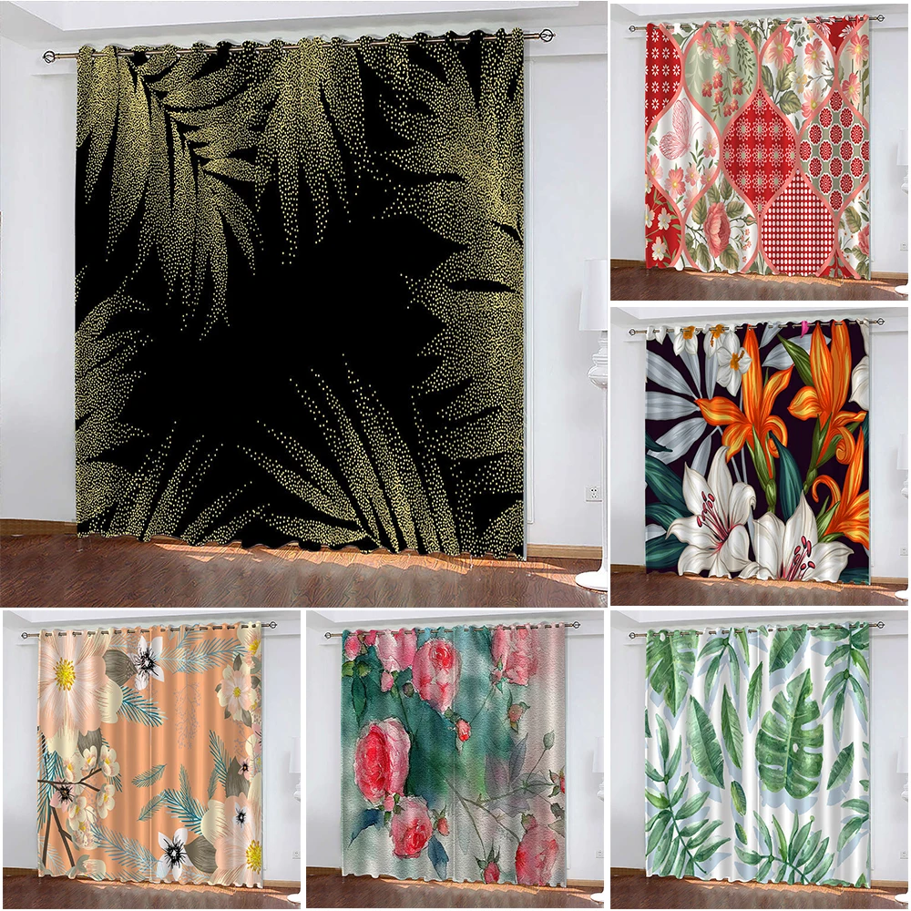 

Flower Print Curtains Woven Blackout Curtains Biparting Open Curtains Living Room Cortina De Sombra Backdrop Home Decoration