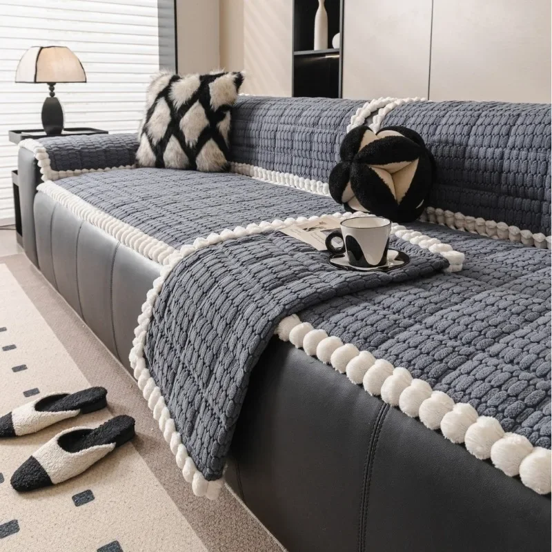 Retro Thick Plush Couch Cushion New One-piece Straight Fixed Anti Slip Sofa Pads Soft Pet Friendly Home Decor Sofa Slipcover