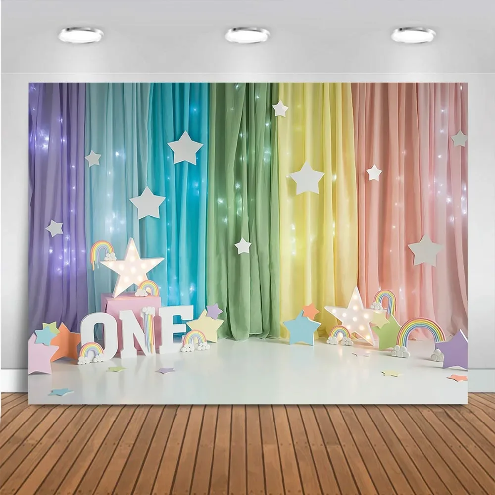 Fondo de fotografía de 1er cumpleaños con cortina de arcoíris, decoración de estrellas para bebé recién nacido, niño y niña, fondo de fotografía para niños