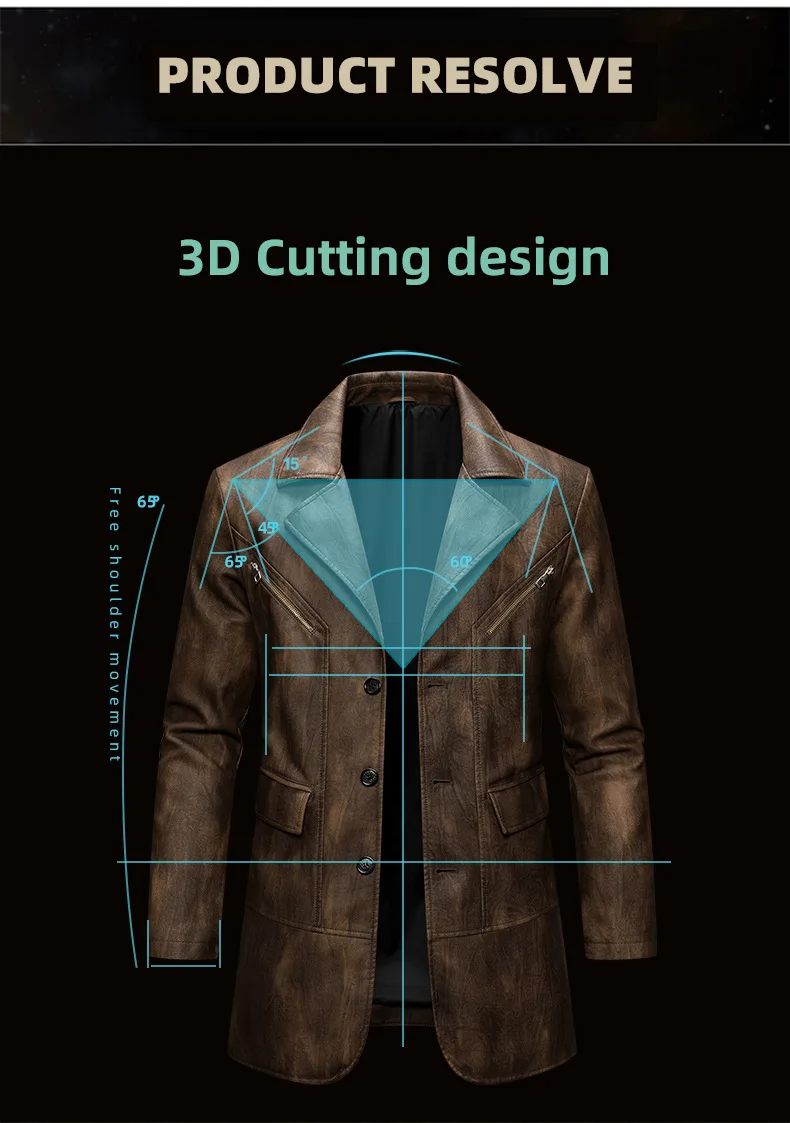 Men Vintage Mid Length Faux PU Leather Blazer Notch Lapel Multi Pocket Button Windproof Casual Motorcycle Outerwear