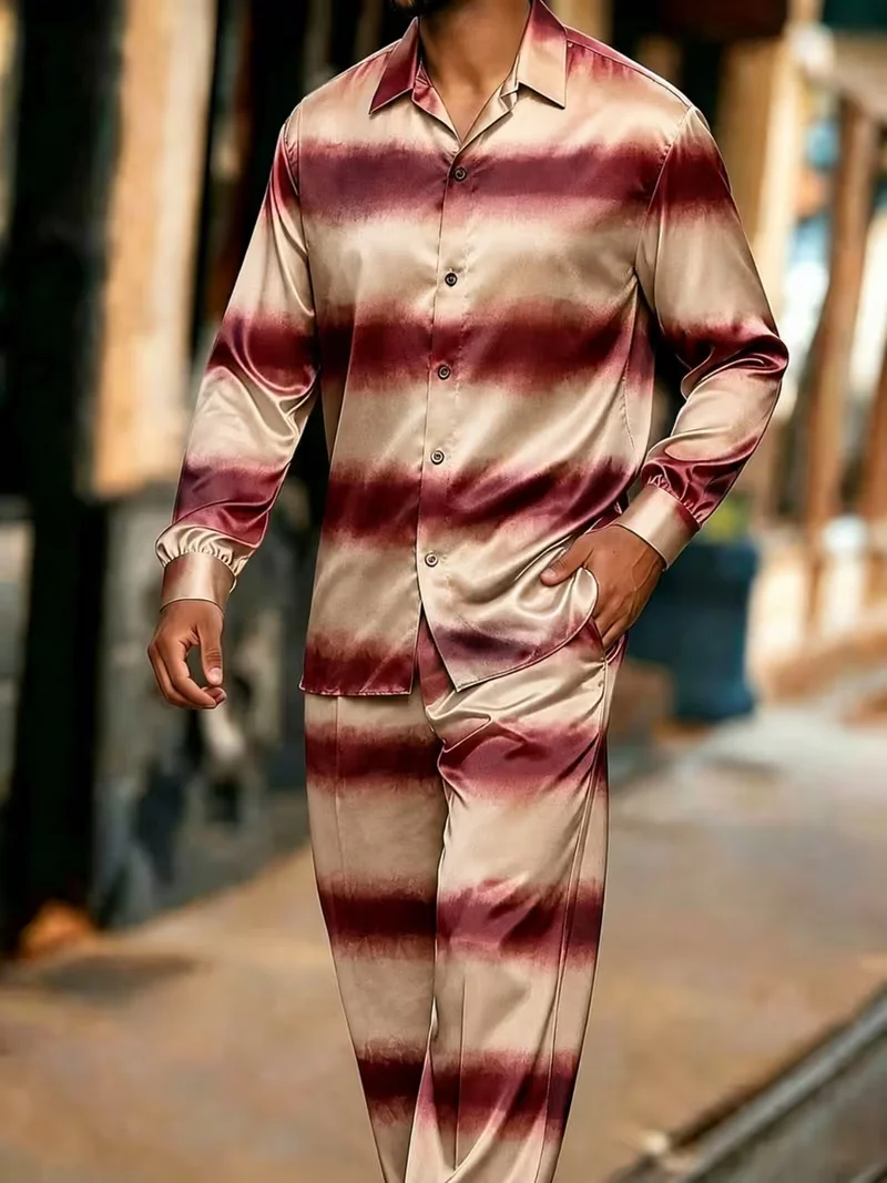New champagne red gradient horizontal stripe long sleeved set, lazy and luxurious men's shirt and pants two-piece set view 5