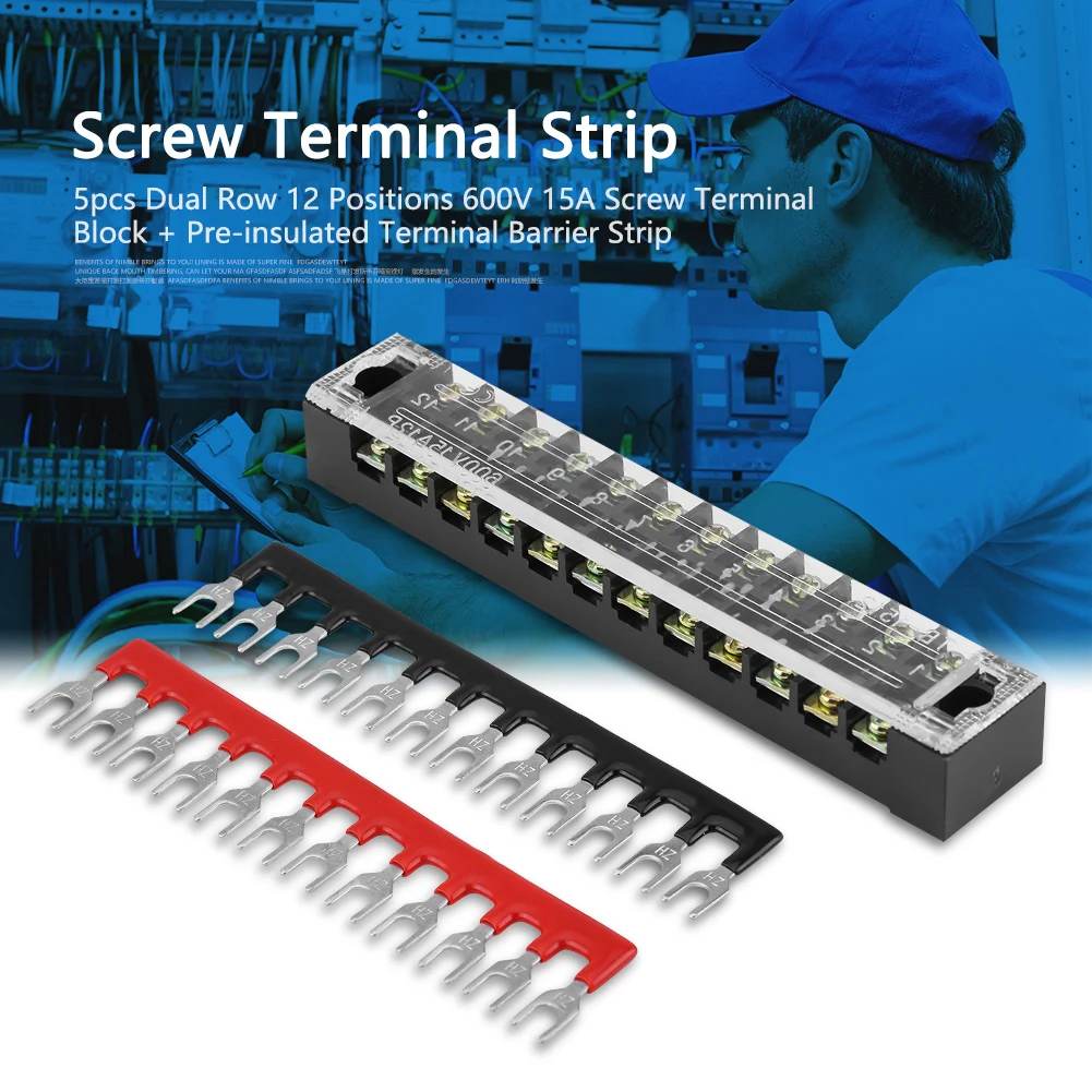 Dual Row 12 Positions 600V 15A Screw Terminal Block Pre insulated Terminal Barrier Strip 600V 15A Screw Terminal Block