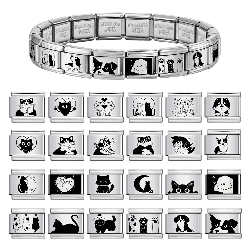 Stainless Steel Italian Charm Bracelet Links Laser Engraved Cat Dog Pet Pattern Module Charms DIY Bracelet Making Accessories