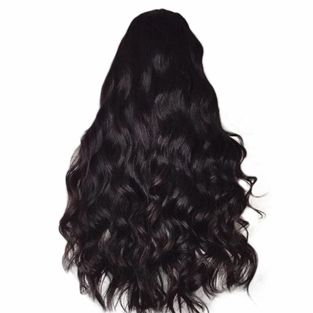 Bagian tengah tubuh gelombang 13x4 renda depan sintetis Wig panjang keriting untuk wanita 26 inci hitam alami 100% Wig tenun tangan penggunaan sehari-hari