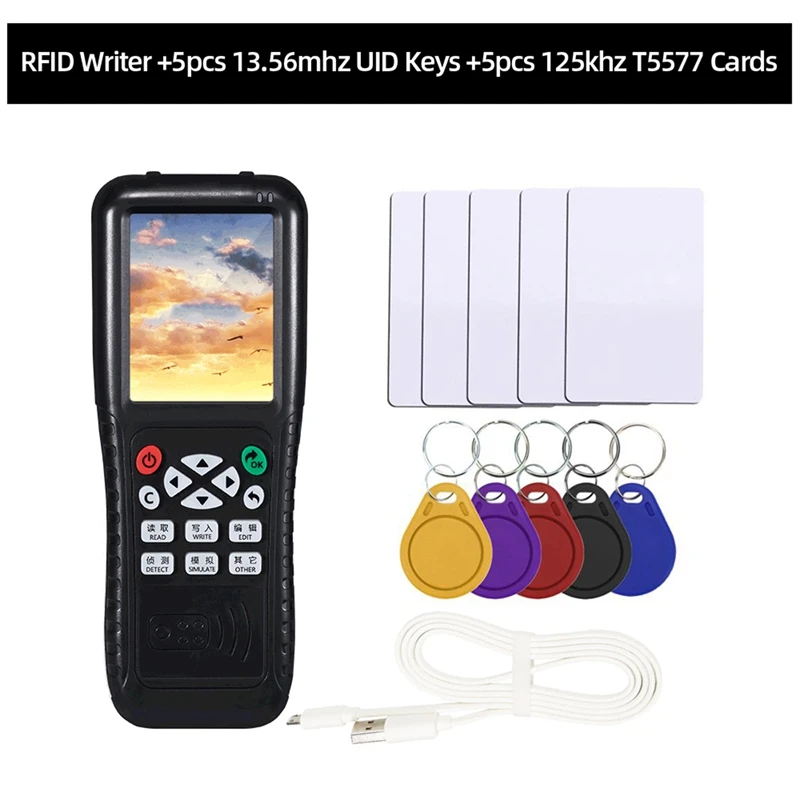 เครื่องถ่ายเอกสาร RFID พร้อมฟังก์ชั่นถอดรหัสเต็มรูปแบบคีย์สมาร์ทการ์ด NFC IC ID Duplicator Reader Writer (UID Key T5577 การ์ด)