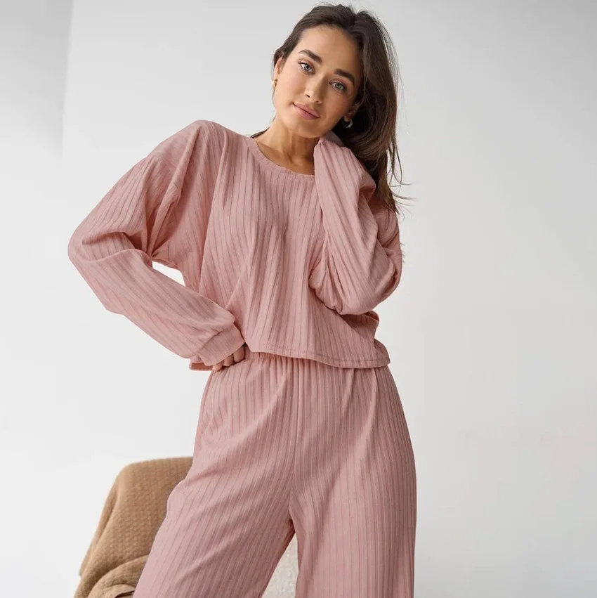 Simple Loose Pajamas Sets For Women Pink Long Sleeves Striped Pullover Tops+Pants 2PCS Lady Cotton Casual Clothing Autumn Winter