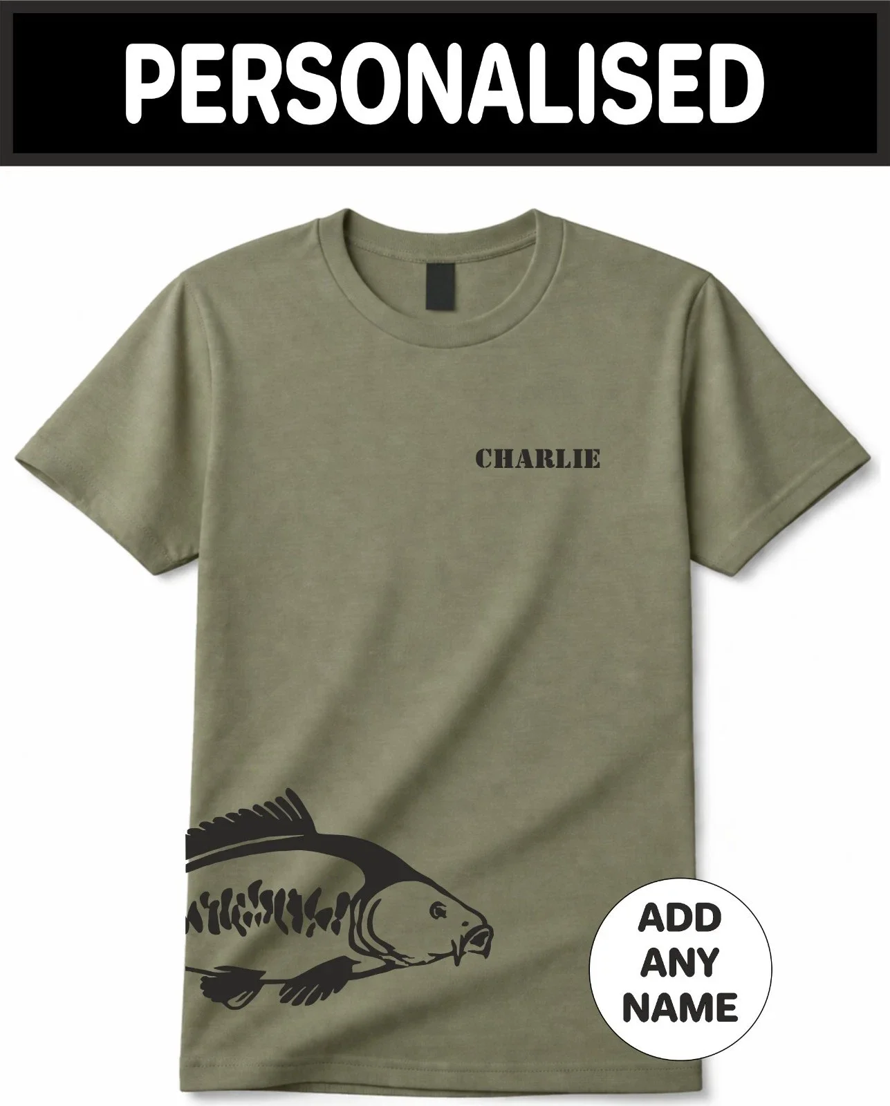 Personalised Carp Fishing T Shirt Mens Fashion Tee Custom Name Gift Olive Green Fishing Lover Personalized Shirt Daily Sport Tee