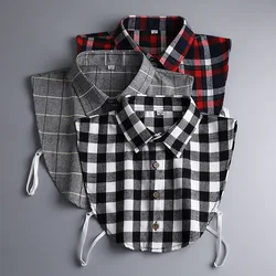 Camisa xadrez de algodão puro masculina, colarinho pontudo, camisas sem engomar, colarinho falso, roupas de lazer, laços para homens, acessórios